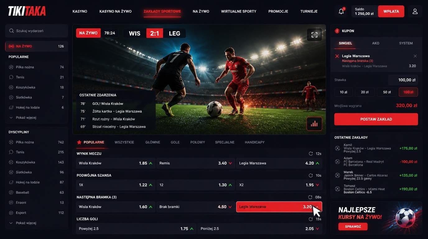 Ekran live zakładów sportowych z dynamicznymi kursami
