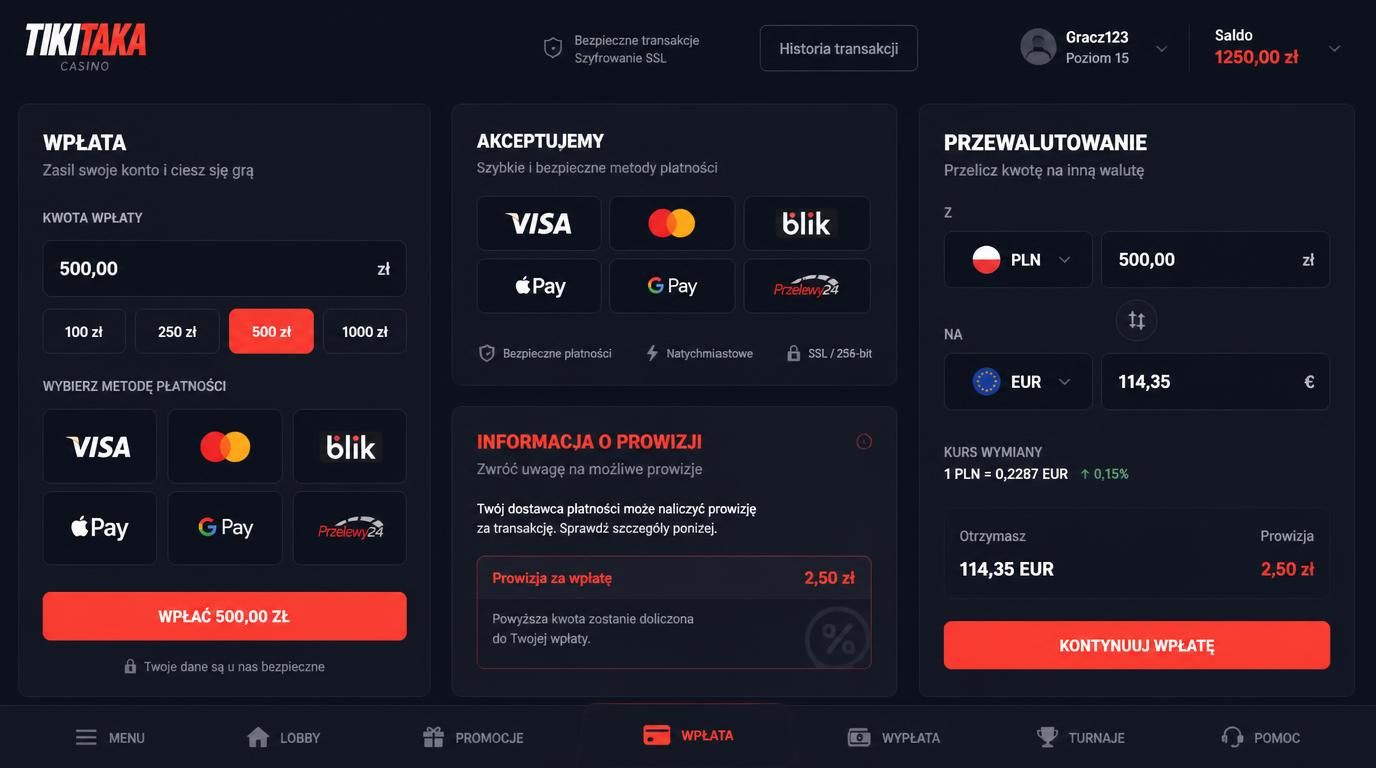 Plansza pokazująca ekran wpłaty w Tikitaka Casino z ikonami kart płatniczych i symbolem przeliczeń walut