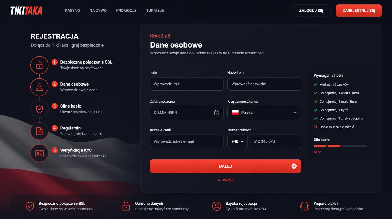 Ekran rejestracji z krokami i wymaganiami hasła