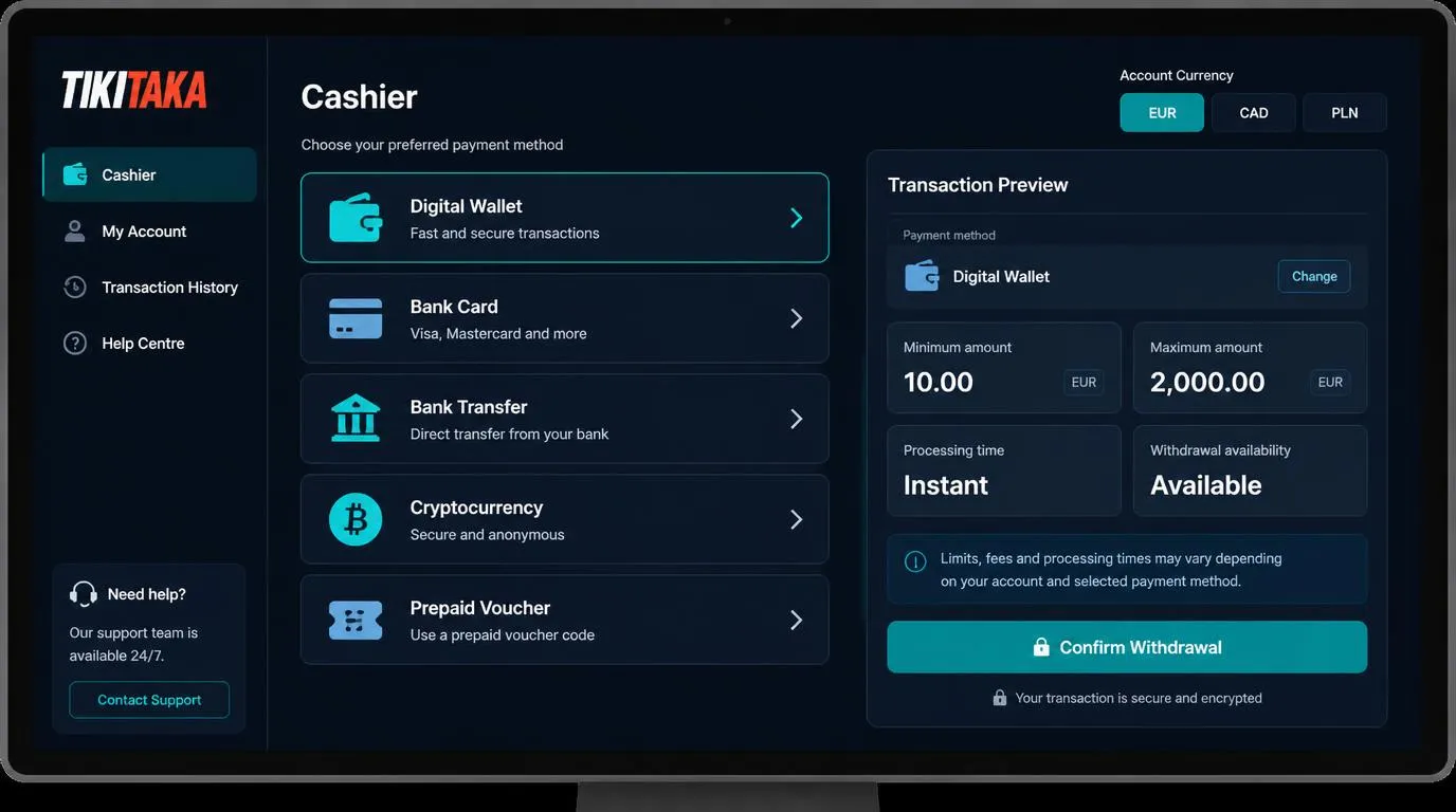 Panel kasjera z kategoriami płatności, walutami EUR, CAD i PLN oraz podglądem limitów transakcji