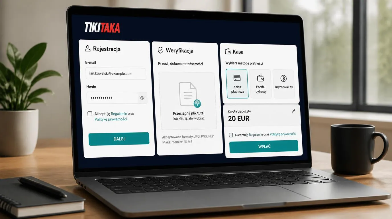 Panel rejestracji, weryfikacji tożsamości i wyboru płatności w kasie kasyna online