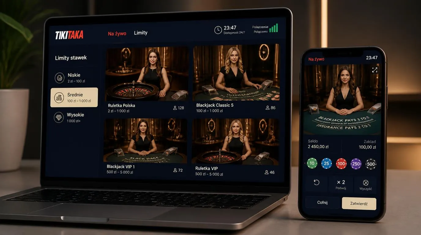 Lobby kasyna na żywo na laptopie i telefonie z podglądem krupiera oraz filtrami limitów stawek