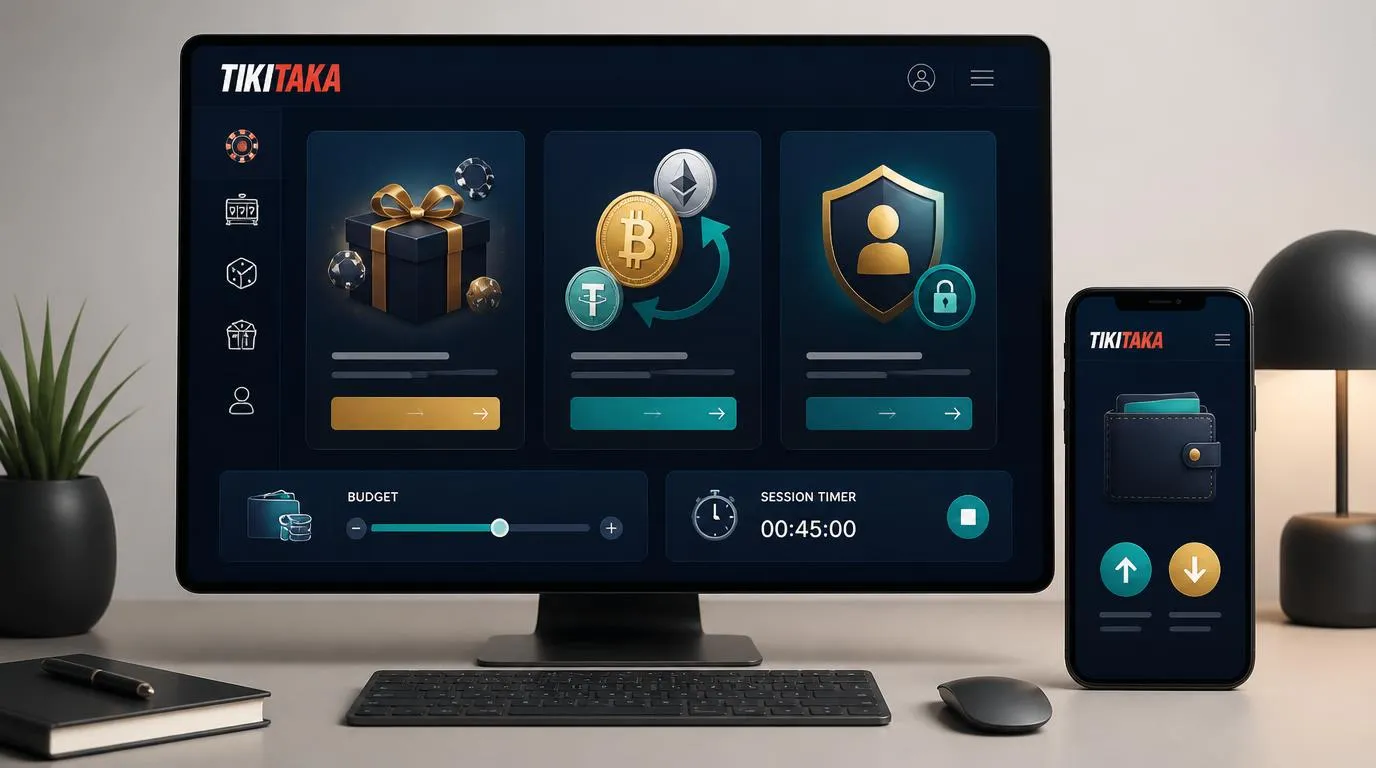 Panel oferty powitalnej kasyna obok portfela kryptowalutowego i ustawień limitów gry